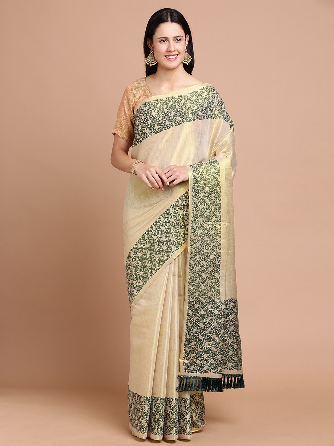 

Kalyan Silks Printed Border Zari Silk Cotton Saree, Gold