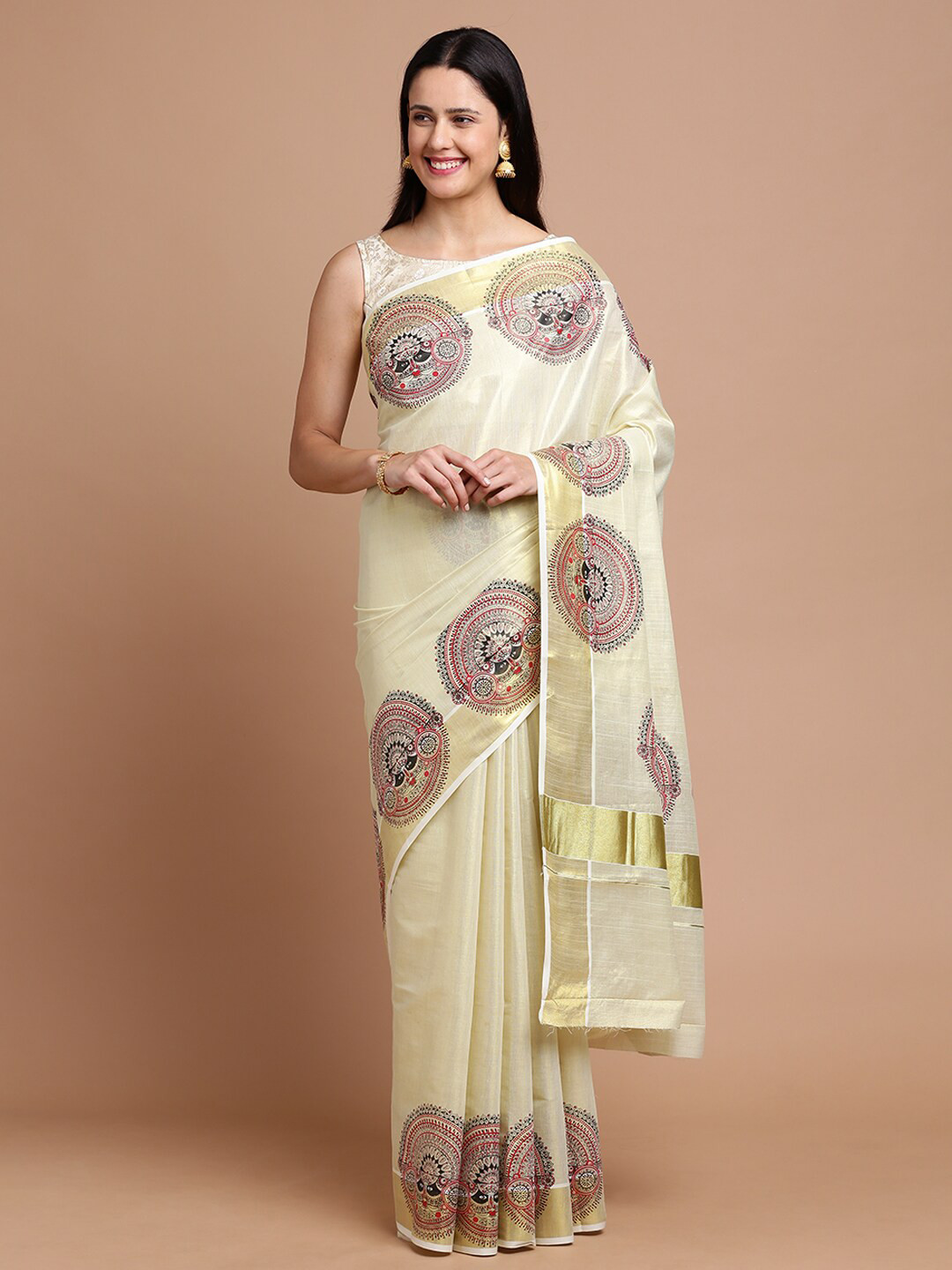 

Kalyan Silks Ethnic Motifs Printed Zari Silk Cotton Saree, Off white