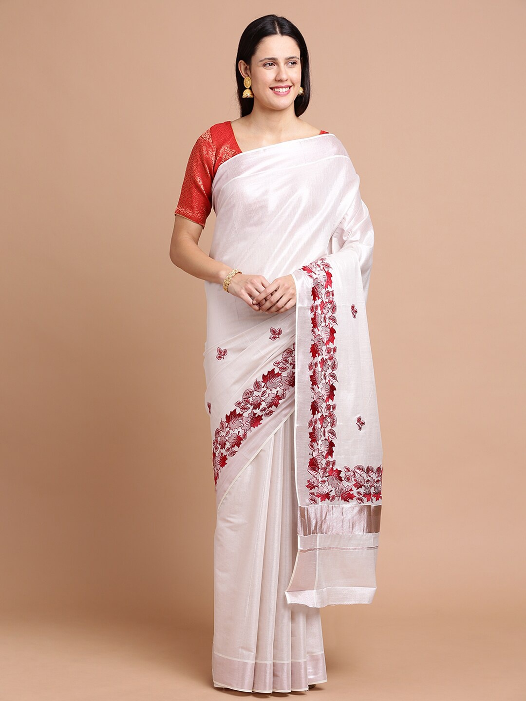 

Kalyan Silks Floral Embroidered Silk Cotton Saree, Off white