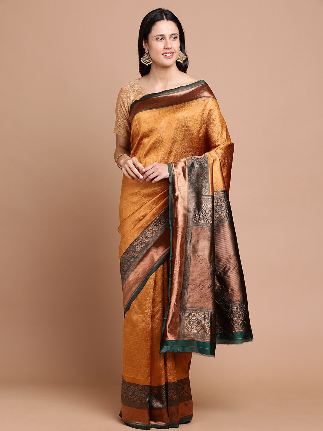 

Kalyan Silks Ethnic Motif Woven Design Zari Silk Cotton Saree, Yellow