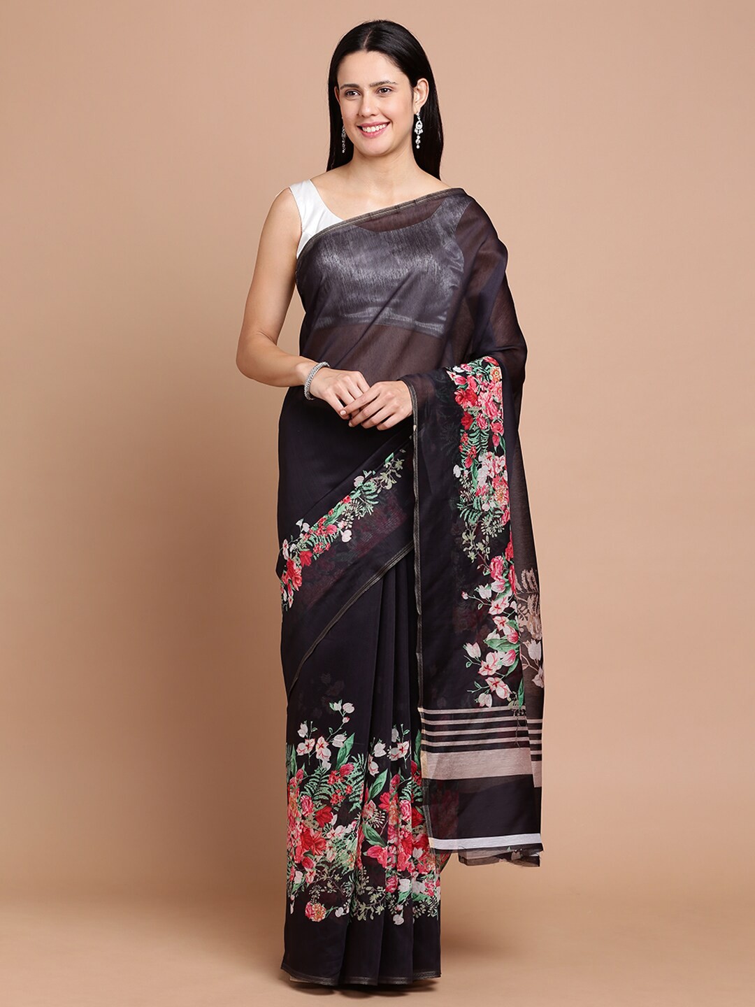 

Kalyan Silks Floral Printed Silk Cotton Saree, Black