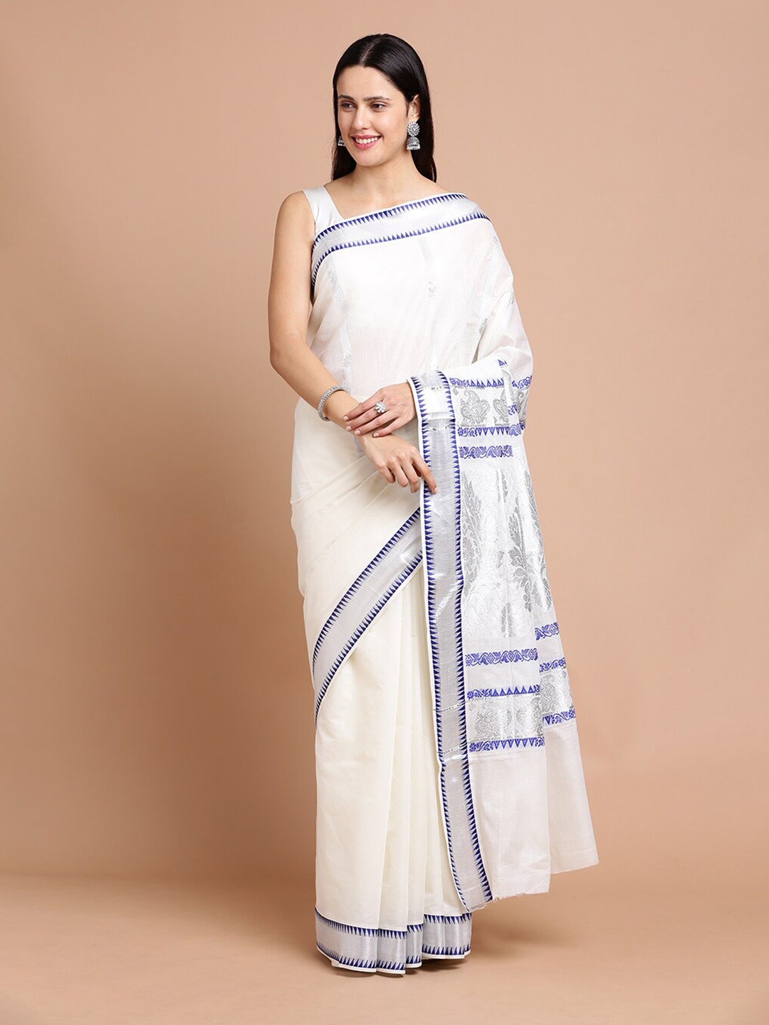 

Kalyan Silks Zari Silk Cotton Saree, Off white