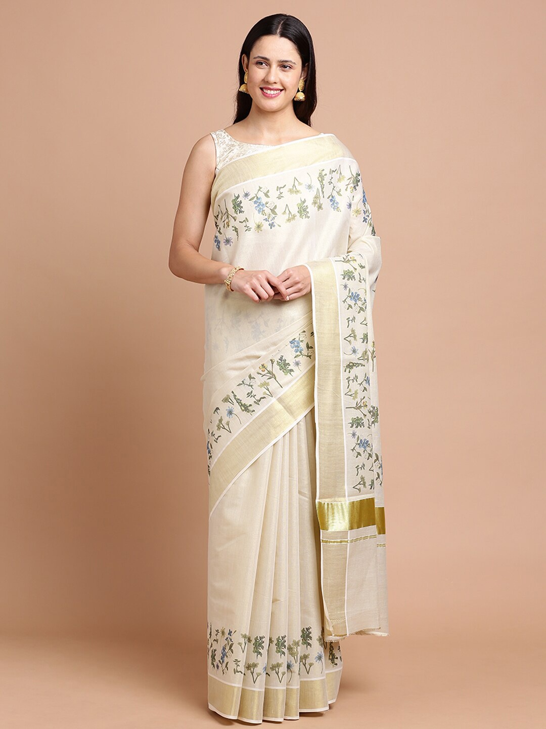 

Kalyan Silks Floral Printed Zari Silk Cotton Saree, Off white