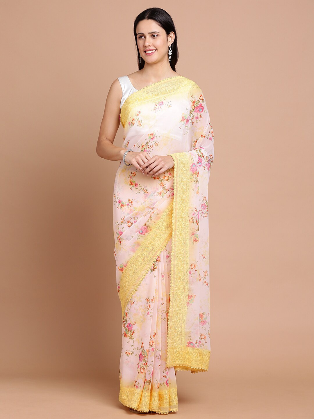 

Kalyan Silks Floral Printed Embroidered Silk Cotton Saree, Peach