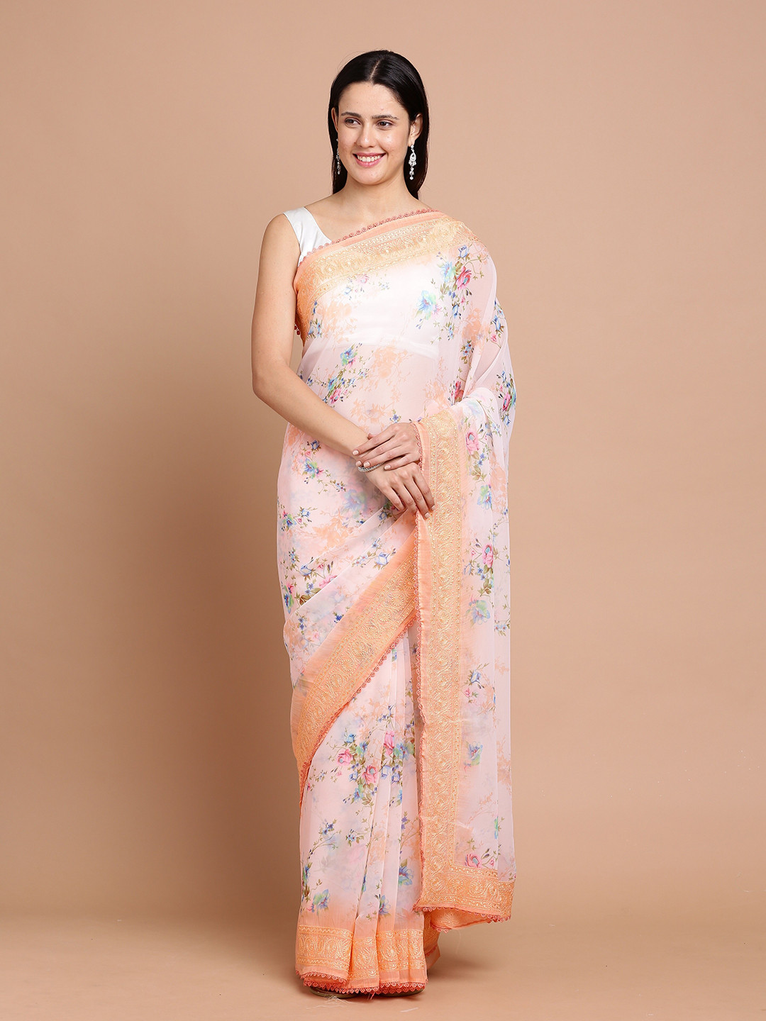 

Kalyan Silks Floral Printed Embroidered Silk Cotton Saree, Peach