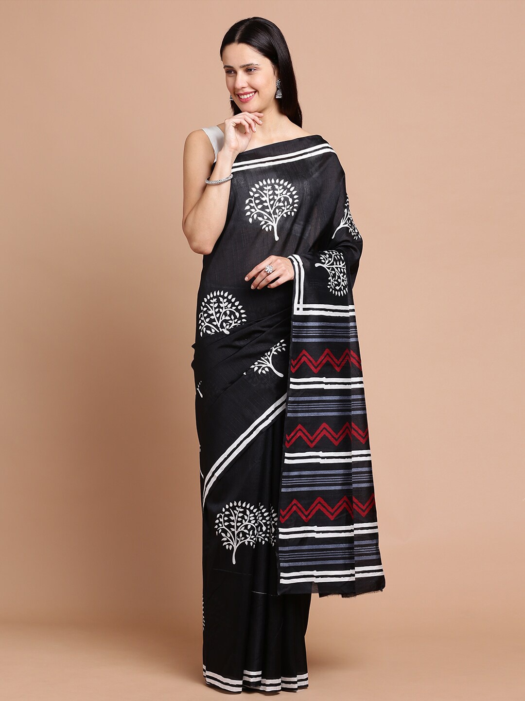 

Kalyan Silks Floral Printed Silk Cotton Saree, Black