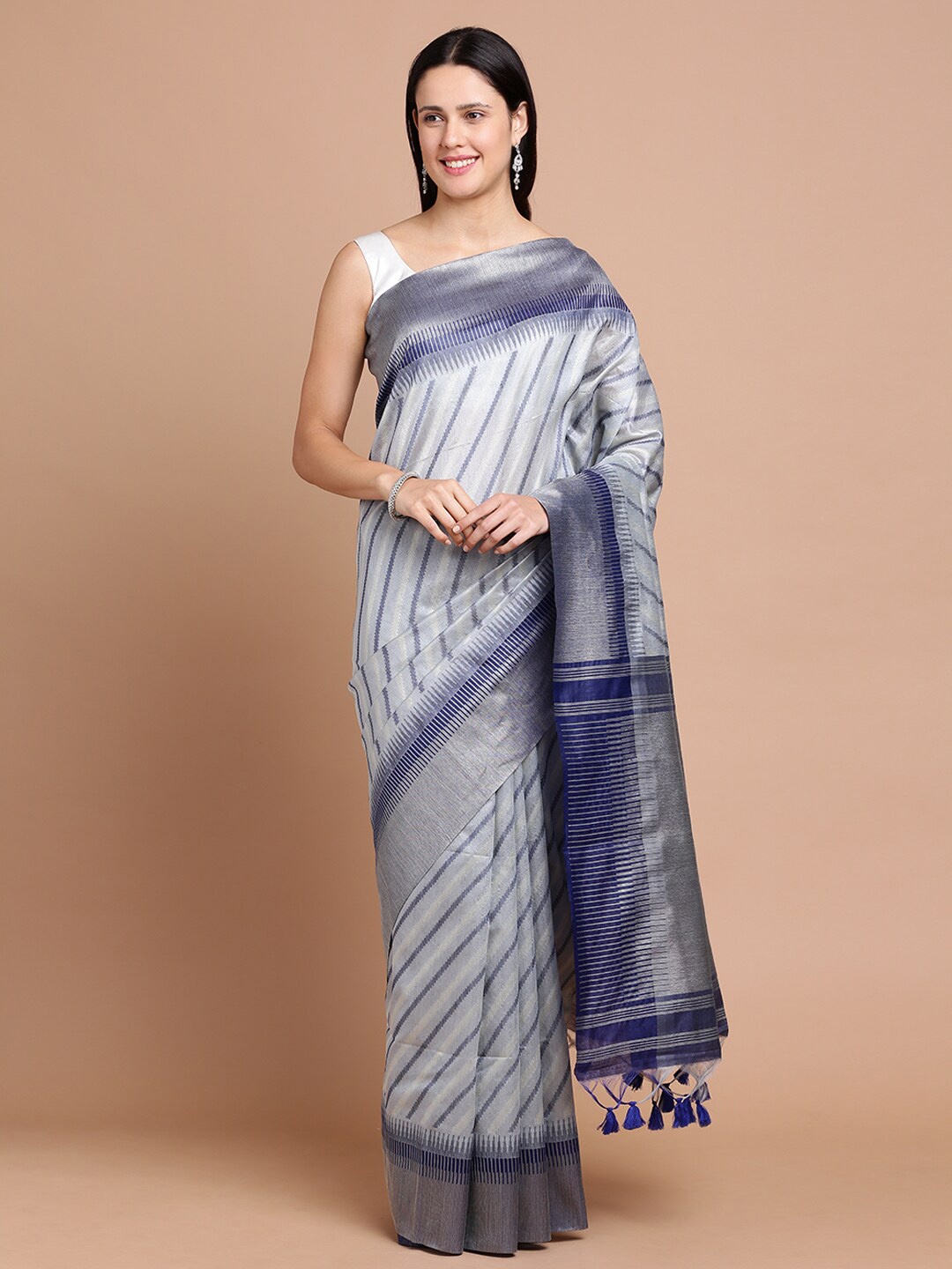 

Kalyan Silks Striped Woven Design Zari Silk Cotton Saree, Grey