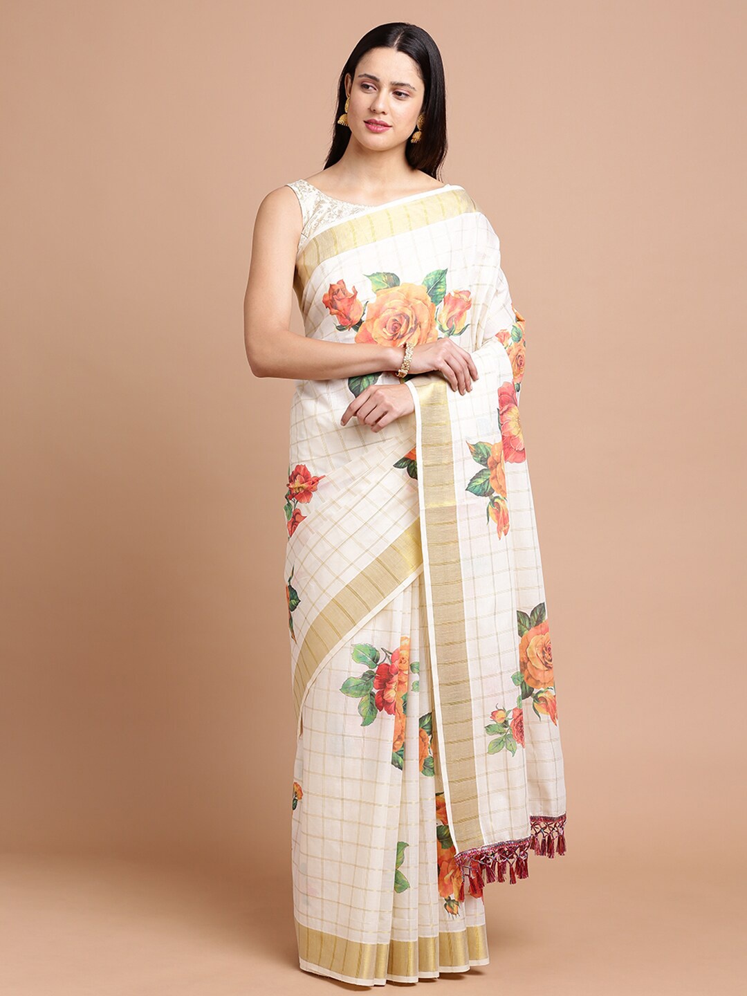 

Kalyan Silks Floral Printed Zari Silk Cotton Saree, Off white