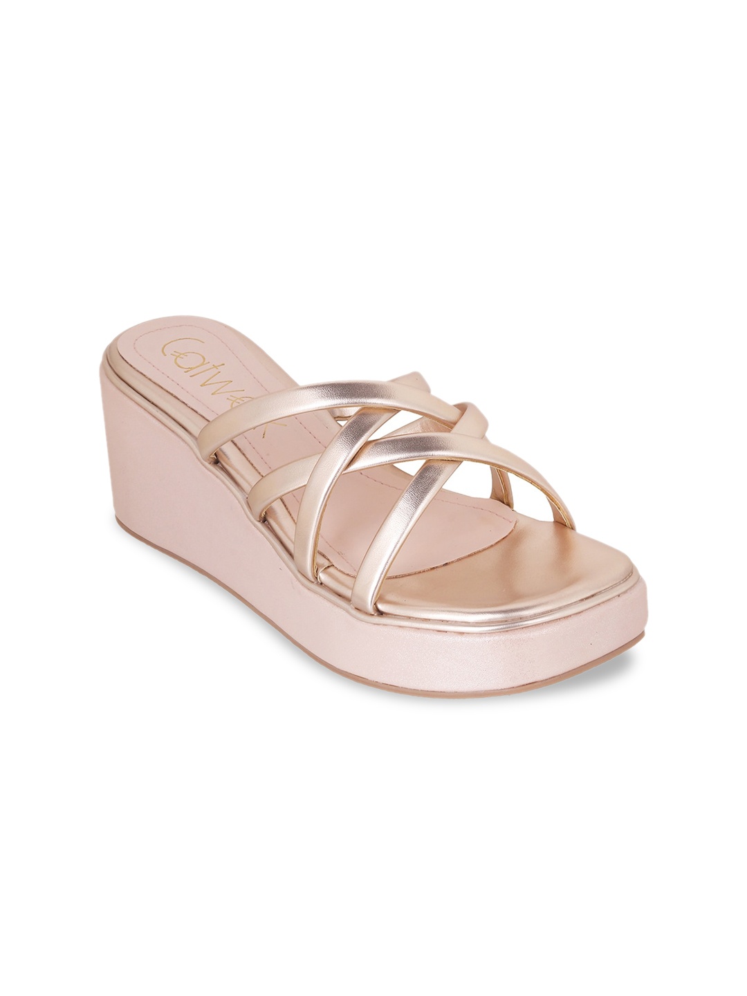 

Catwalk Cross Strap Open Toe Flatform Heels, Rose gold