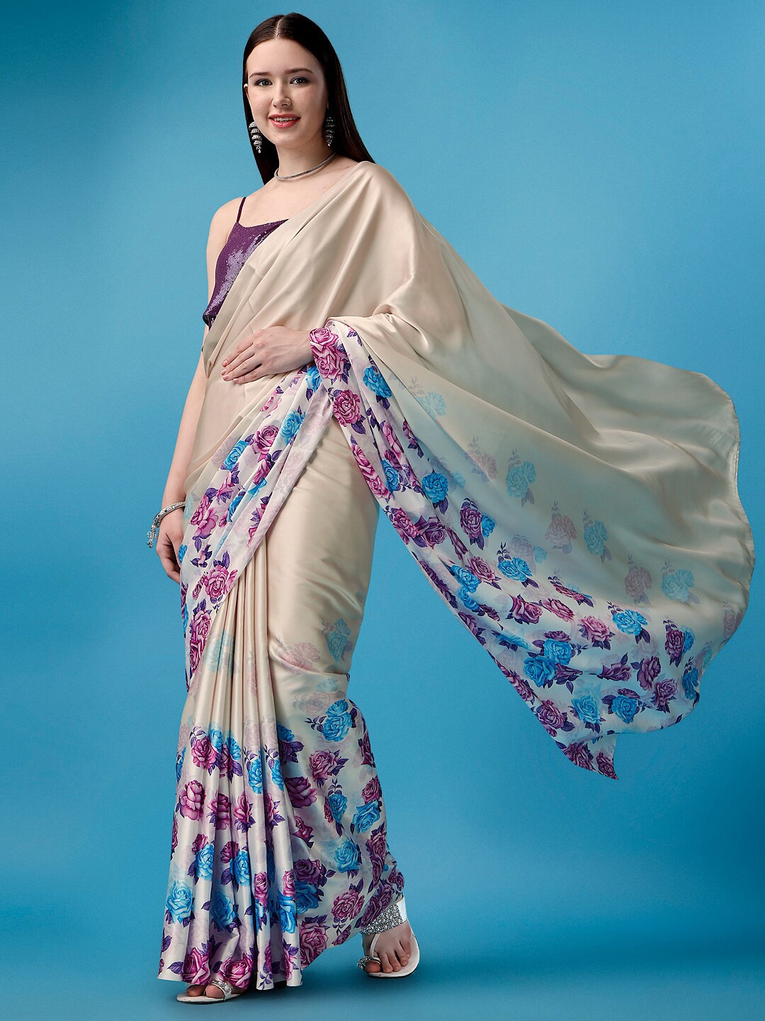 

BAPS Floral Printed Satin Saree, Cream