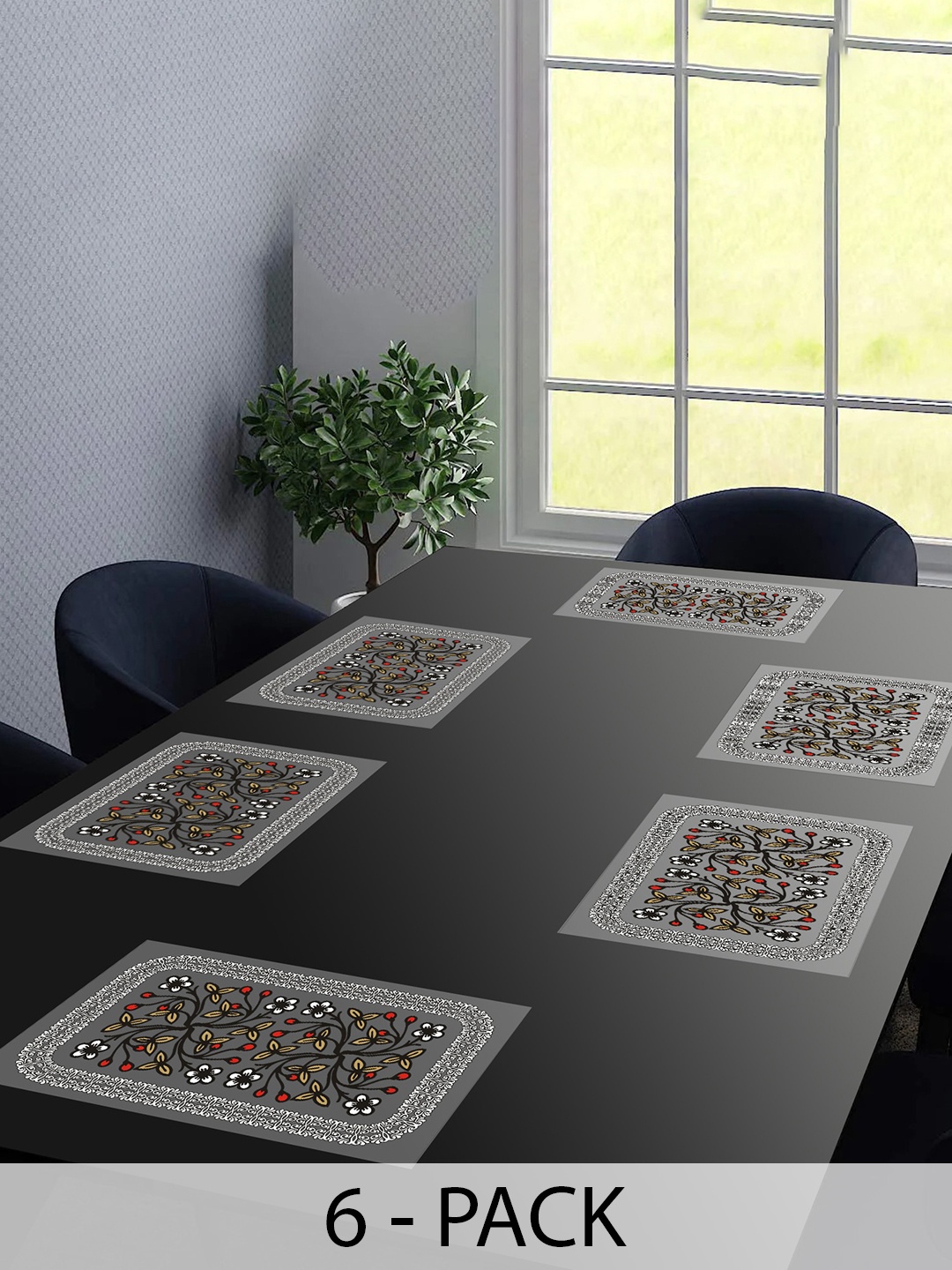 

Dakshya Industries New Blossom Grey 6 Pcs Floral Water Proof Rectangle Table Placemats