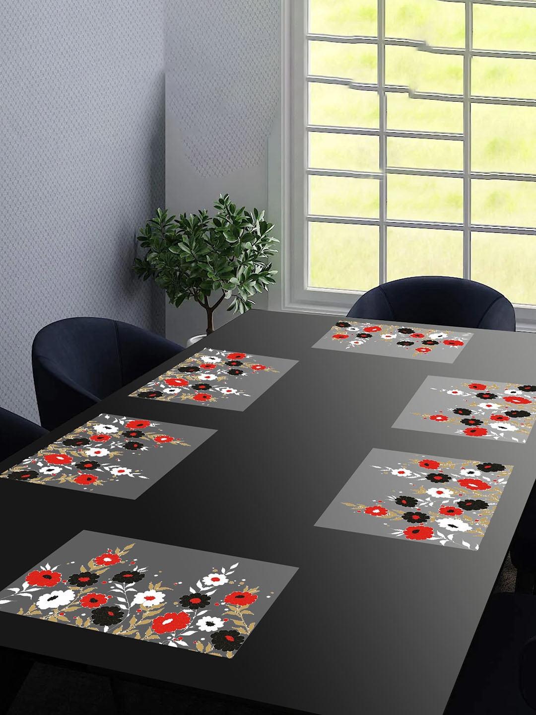 

Dakshya Industries Blossom 6 Pcs Black & Red Printed Waterproof Rectangle Table Placemats