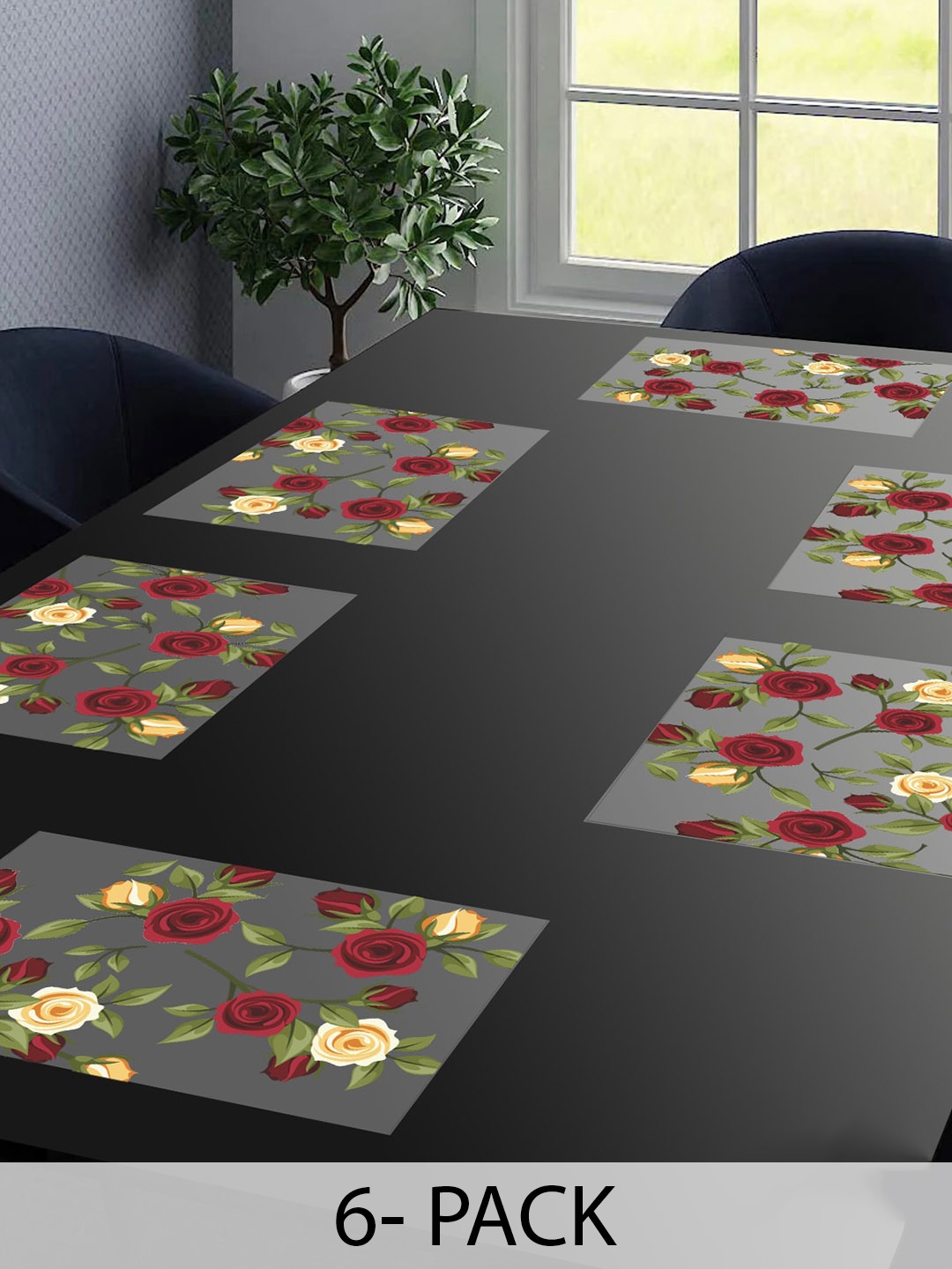 

Dakshya Industries Blossom 6 Pcs Red & Yellow Floral Waterproof Rectangle Table Placemats