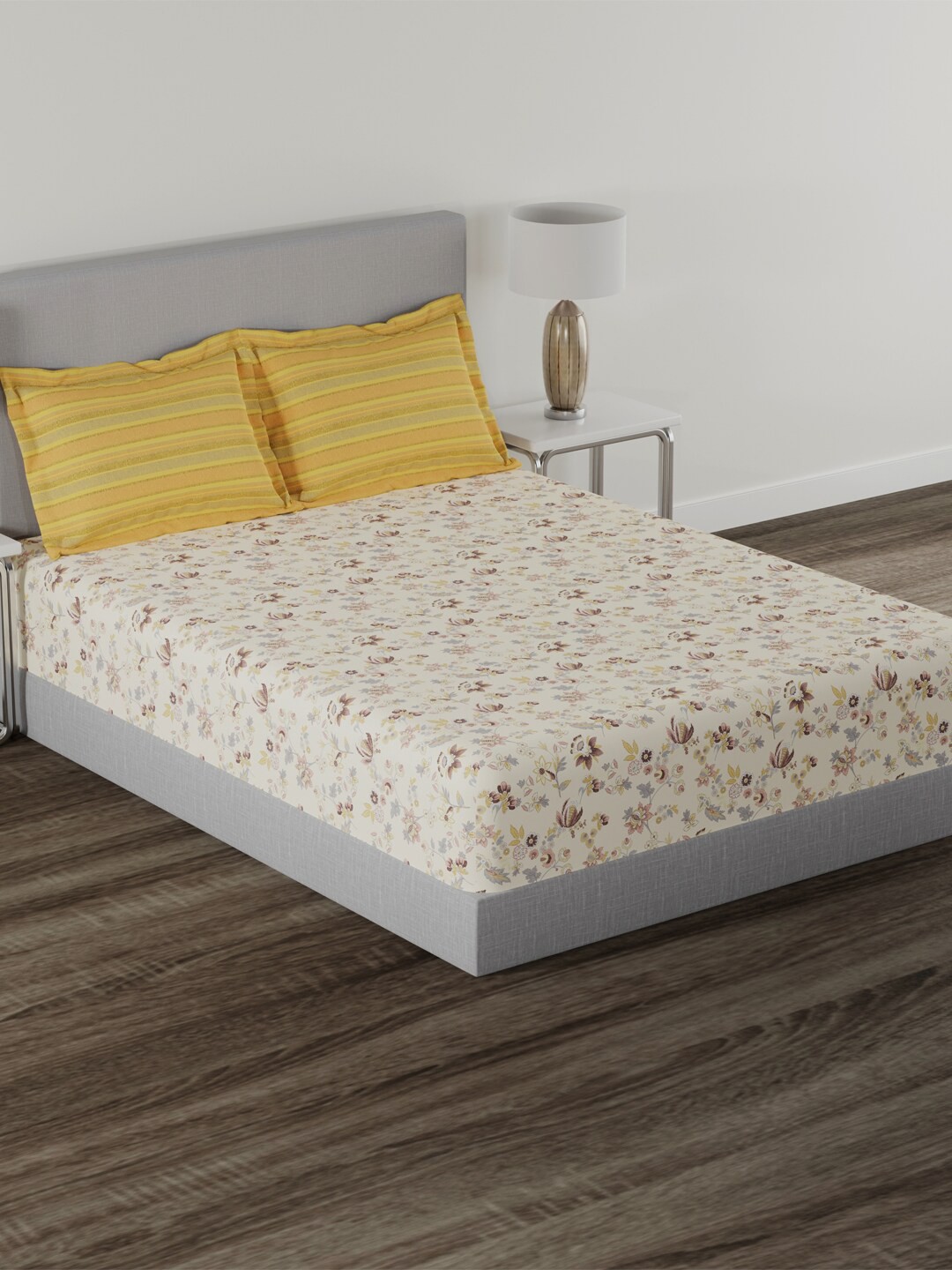 

MYTRIDENT Elizabeth Mustard Carnival Gold Flat 144TC King Cotton Bedsheet & 2 PillowCovers, Yellow