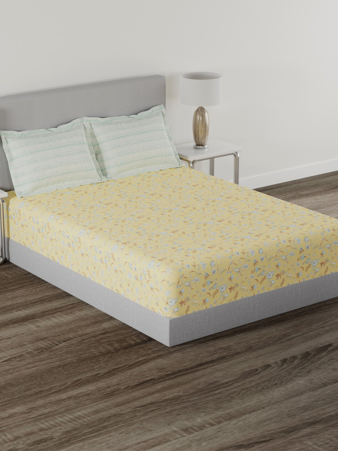 

MYTRIDENT Carnival Yellow & Blue Floral Cotton 144 TC King Bedsheet with 2 Pillow Covers