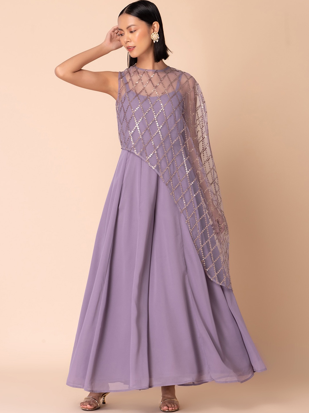 

INDYA Shoulder Straps Sleeveless Flared Culotte Jumpsuit With Sequin Embroidered Cape, Lavender
