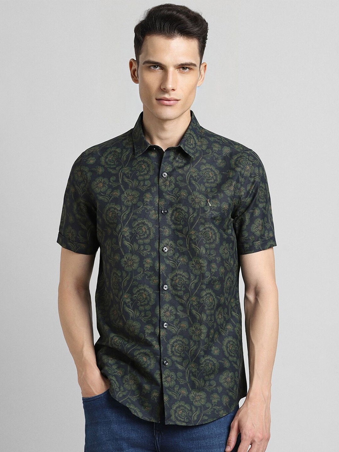 

SIMON CARTER LONDON Slim Fit Floral Printed Cotton Linen Casual Shirt, Green