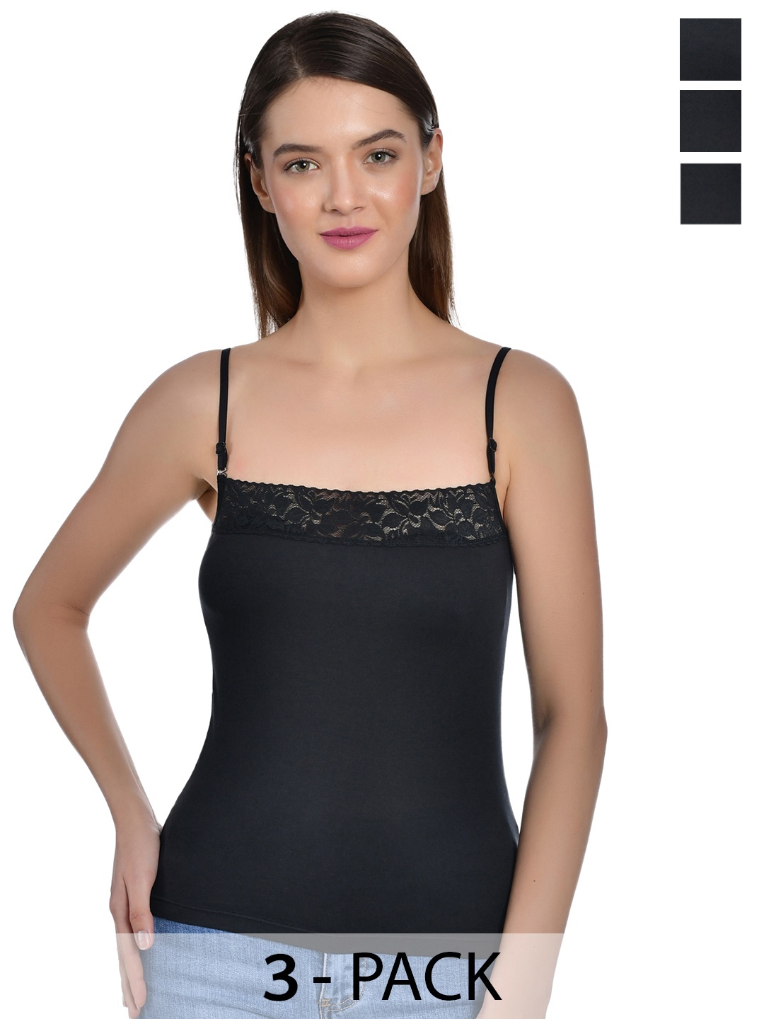 

Aimly Pack of 3 Lace Cotton Slip Camisole, Black