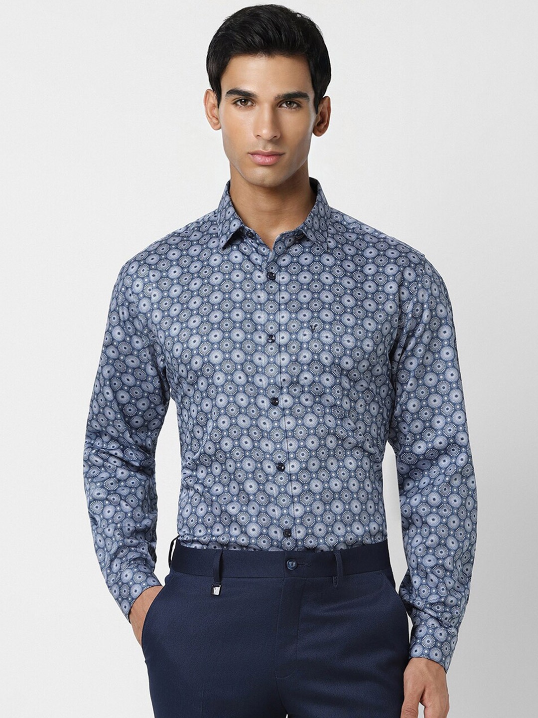 

V Dot Slim Fit Floral Printed Pure Cotton Formal Shirt, Blue