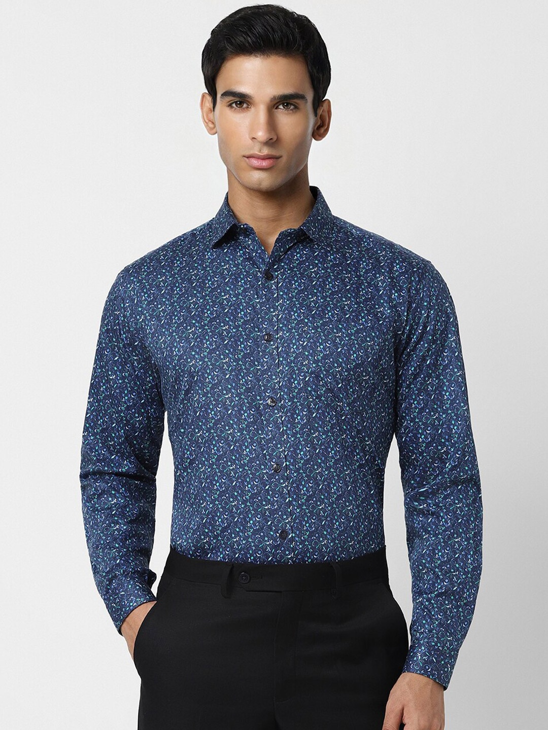 

V Dot Slim Fit Floral Printed Pure Cotton Party Shirt, Blue