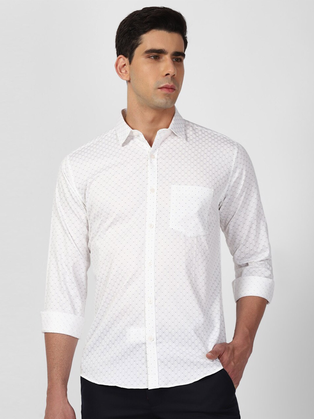 

V Dot Slim Fit Micro Ditsy Printed Pure Cotton Casual Shirt, White