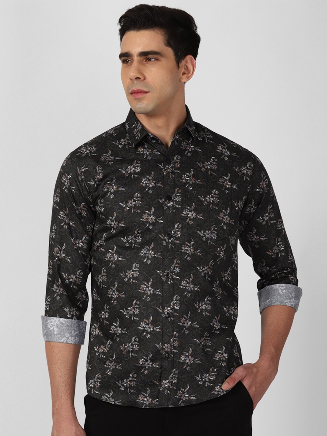 

V Dot Floral Printed Slim Fit Opaque Pure Cotton Casual Shirt, Black