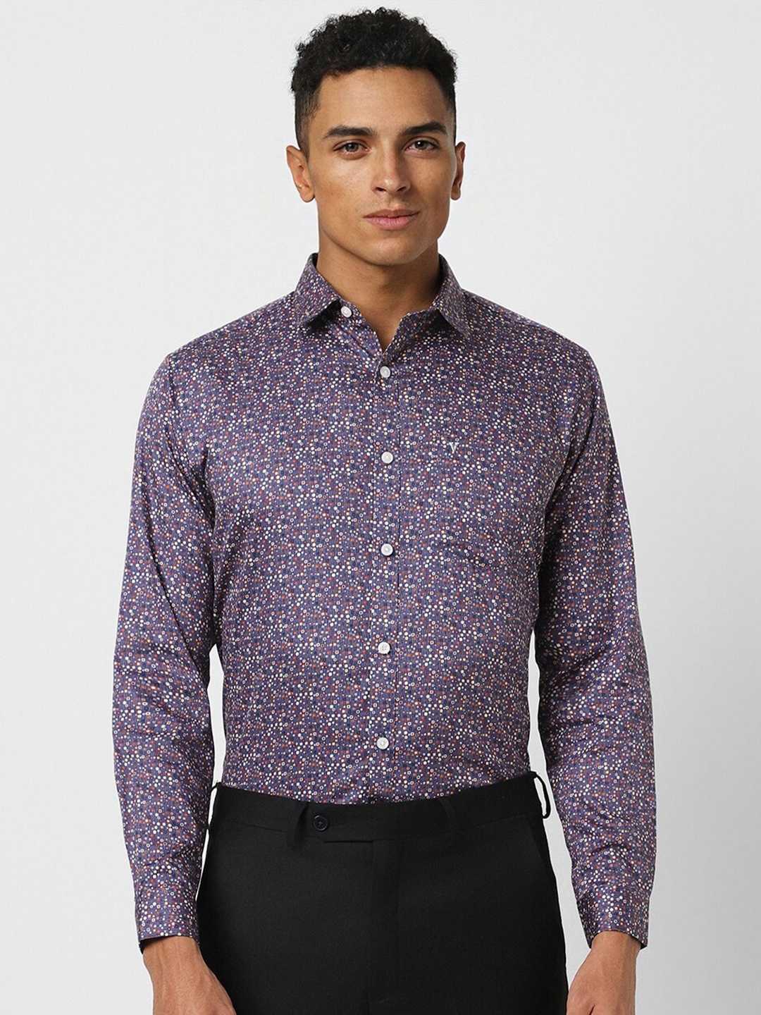 

V Dot Slim Fit Micro Ditsy Printed Spread Collar Pocket Cotton Casual Shirt, Purple