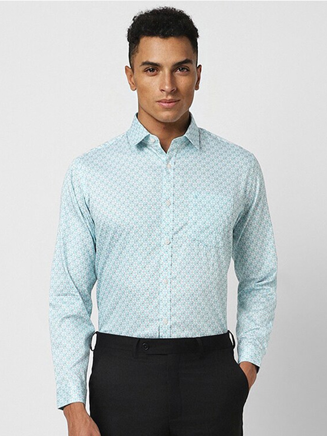 

V Dot Slim Fit Geometric Printed Pure Cotton Formal Shirt, Blue