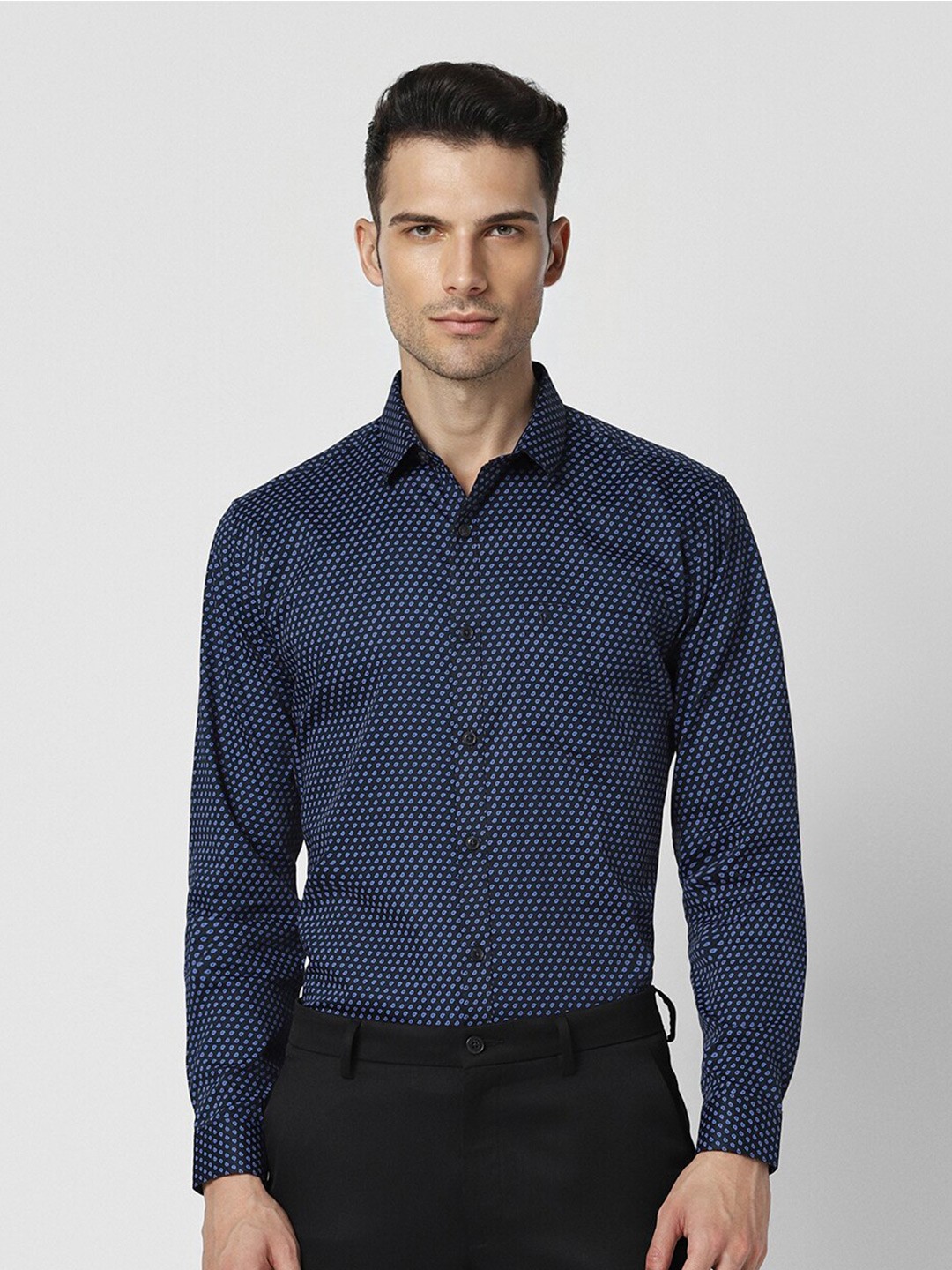 

V Dot Slim Fit Micro Ditsy Printed Formal Shirt, Navy blue