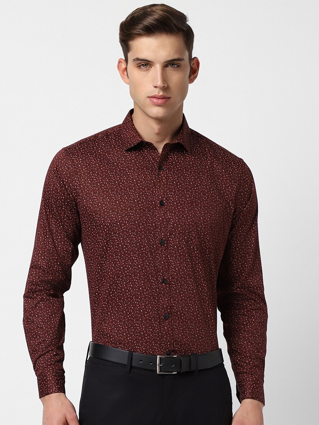 

V Dot Floral Printed Slim Fit Opaque Pure Cotton Casual Shirt, Maroon