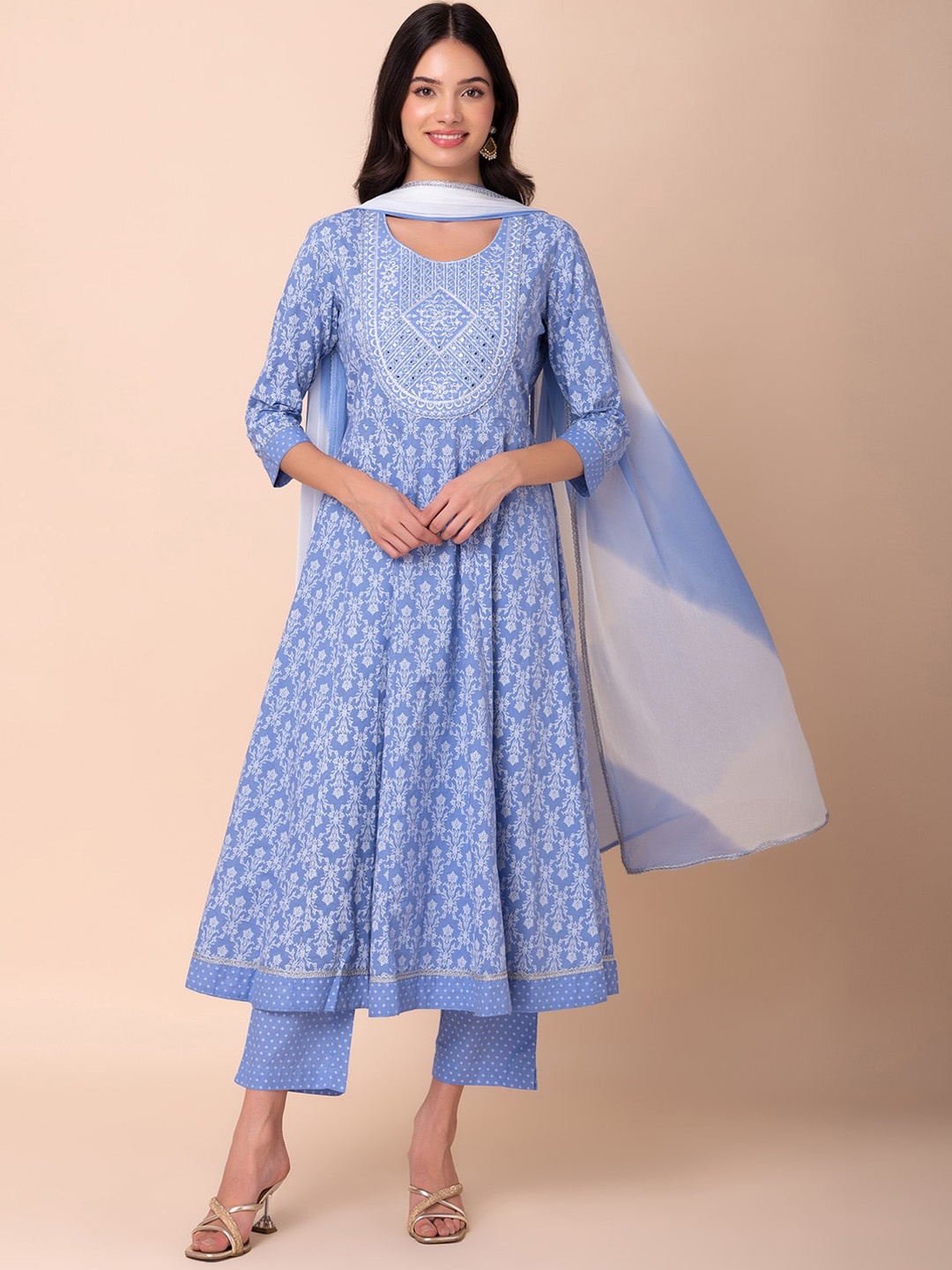 

INDYA Floral Printed Pure Cotton Anarkali Kurta & Trousers With Dupatta, Blue