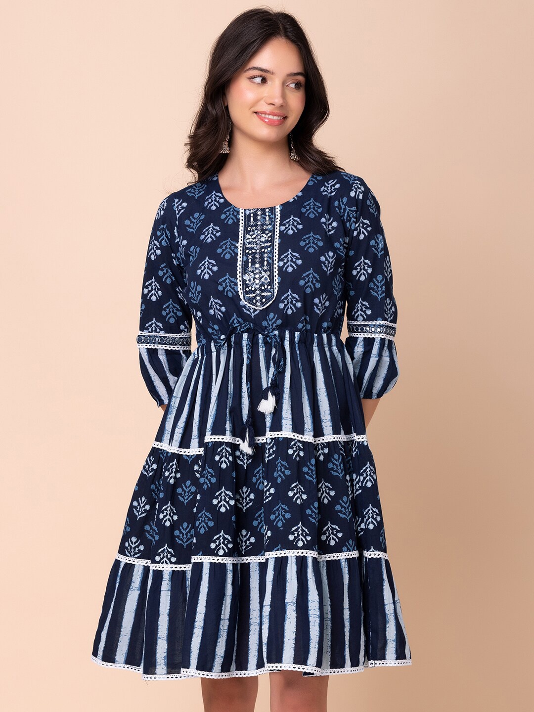 

INDYA Floral Printed Cotton Puff Sleeves Fit and Flare Ethnic Dresses, Navy blue