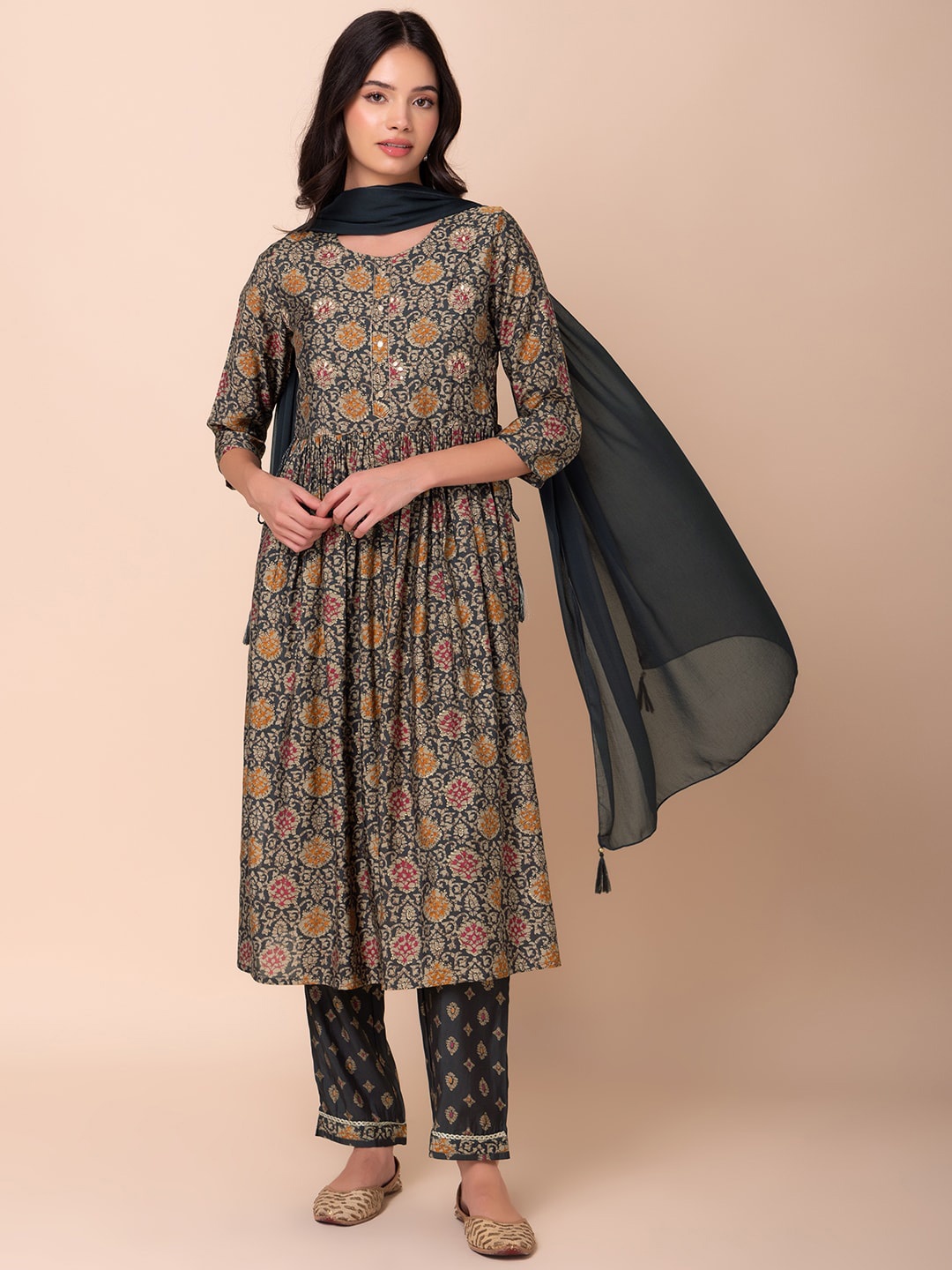 

INDYA Ethnic Motifs Printed A Line Kurta With Trousers & Dupatta, Green