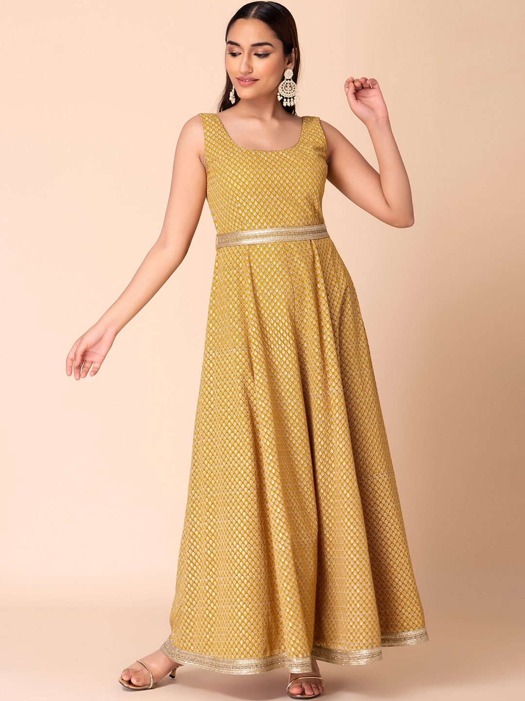 

INDYA Fit and Flare Georgette Ethnic Dress With Dori Belt, Yellow