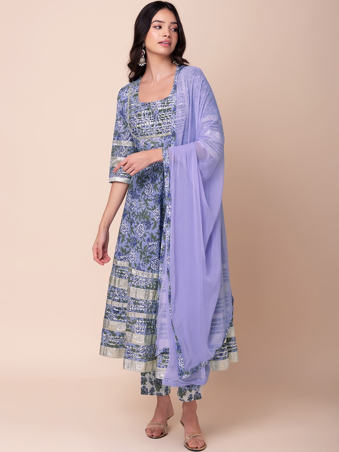 

INDYA Floral Printed Pure Cotton Anarkali Kurta With Trouser And Dupatta, Purple