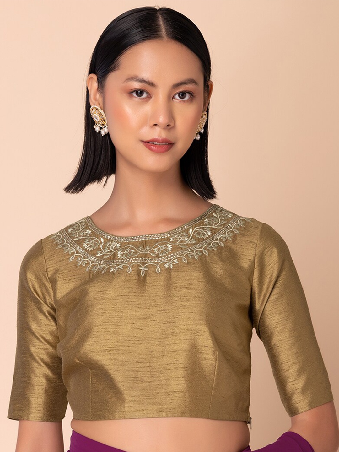 

INDYA Embroidered Thread Work Detail Blouse, Gold