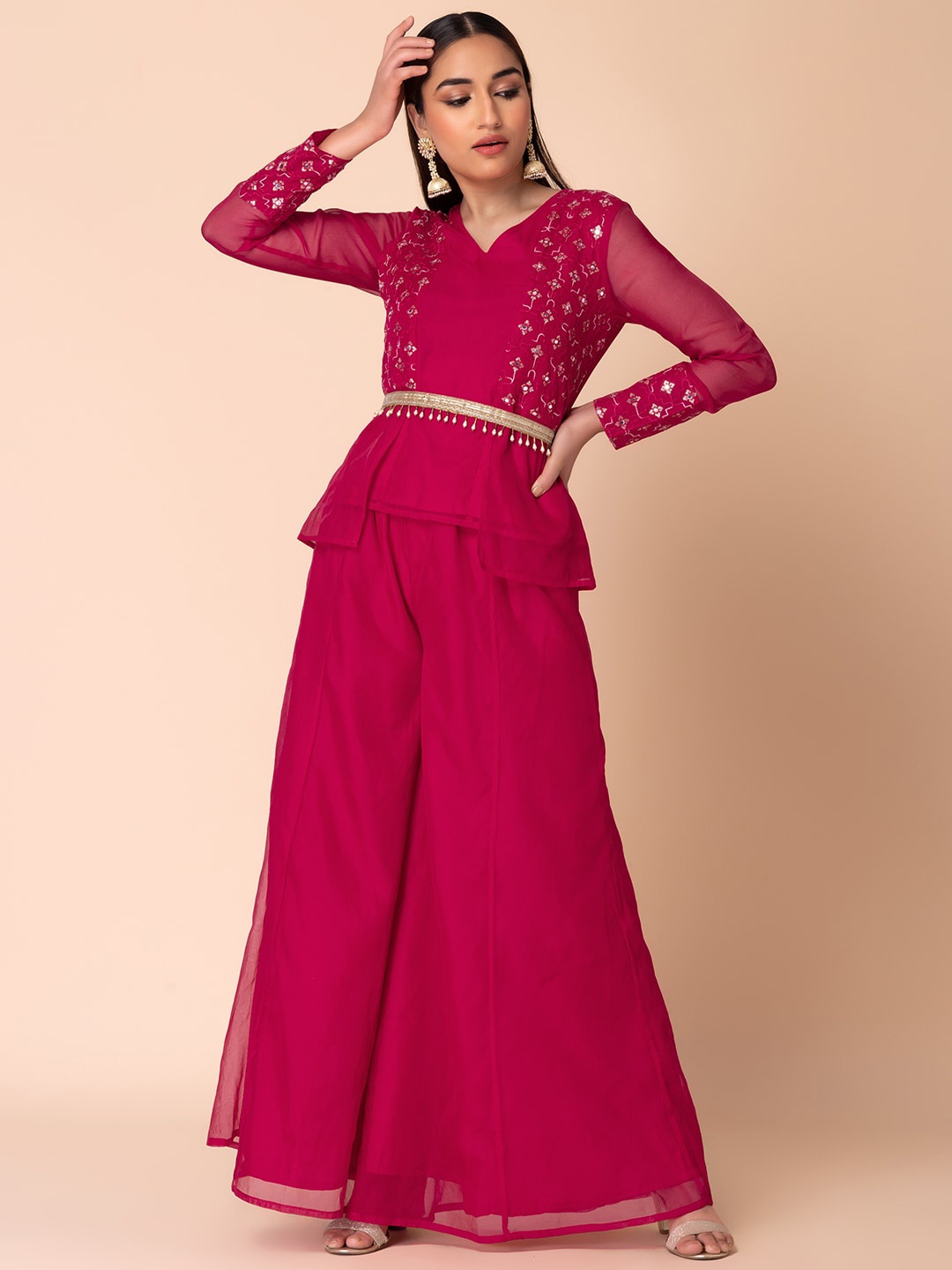 

INDYA Embroidered V-Neck Kurti With Flared Palazzos & Belt, Pink