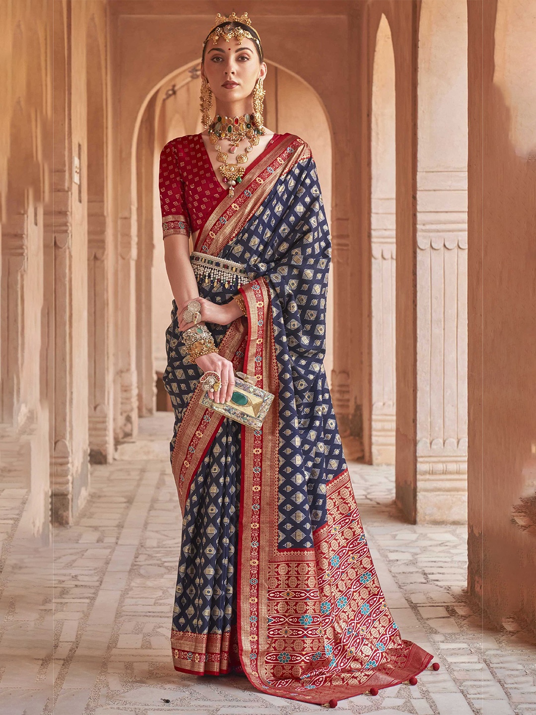 

Mitera Navy Blue & Pink Ethnic Motifs Woven Design Zari Patola Saree