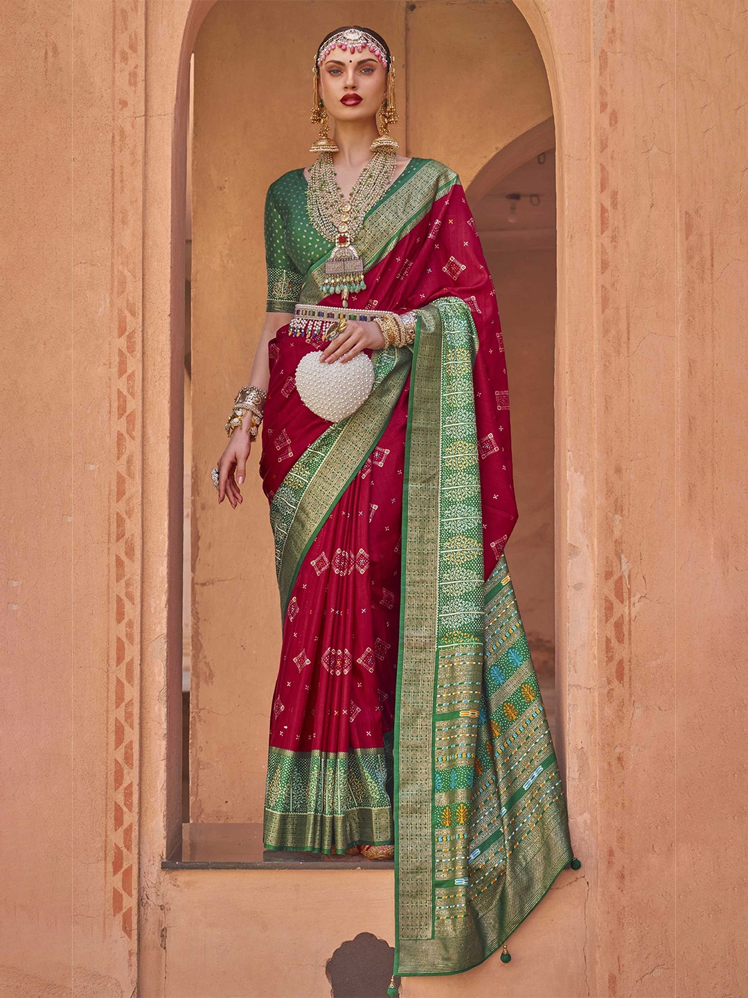 

Mitera Red & Green Woven Design Zari Silk Blend Patola Saree