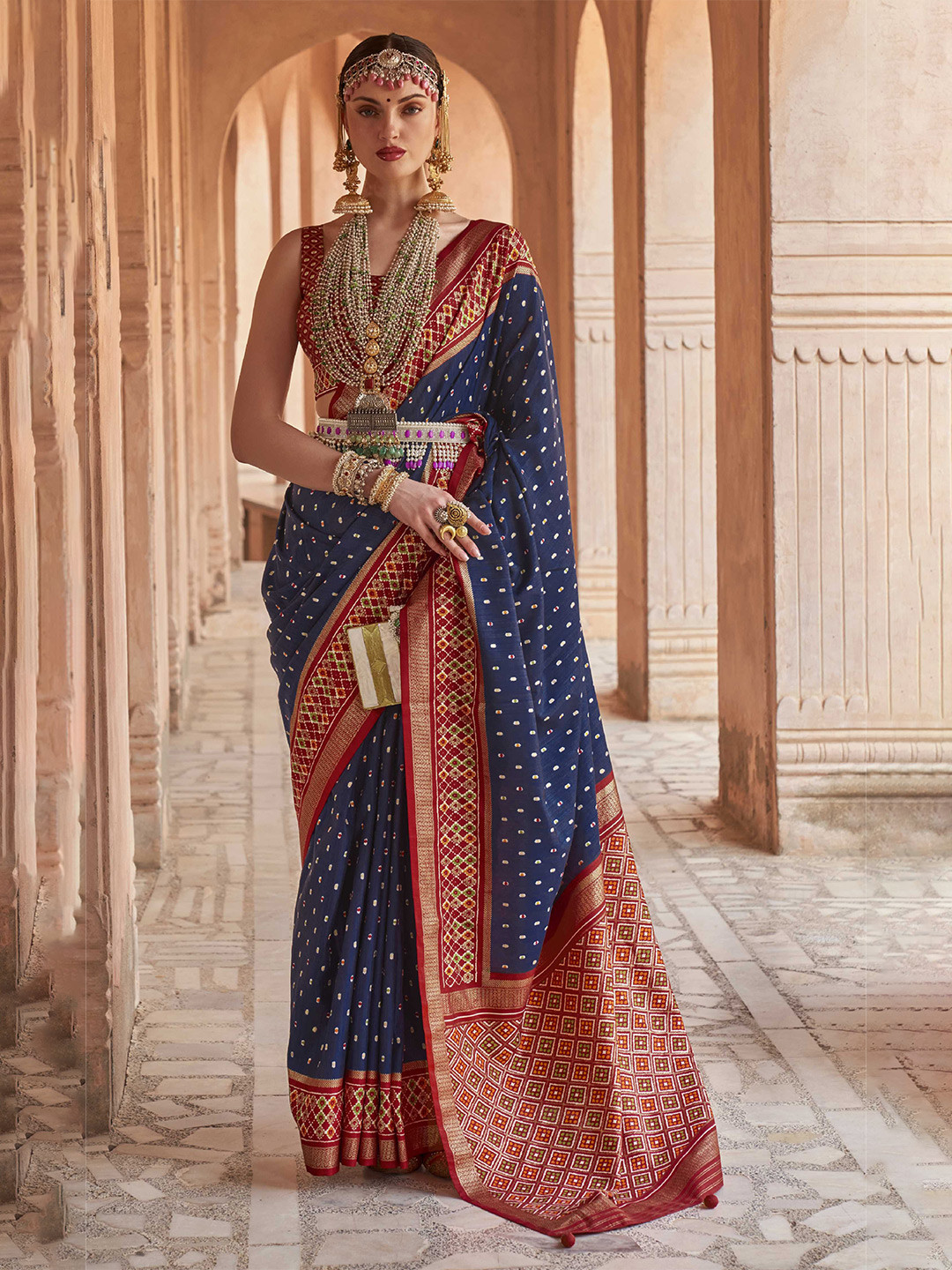 

Mitera Navy Blue & Red Geometric Printed Zari Patola Saree
