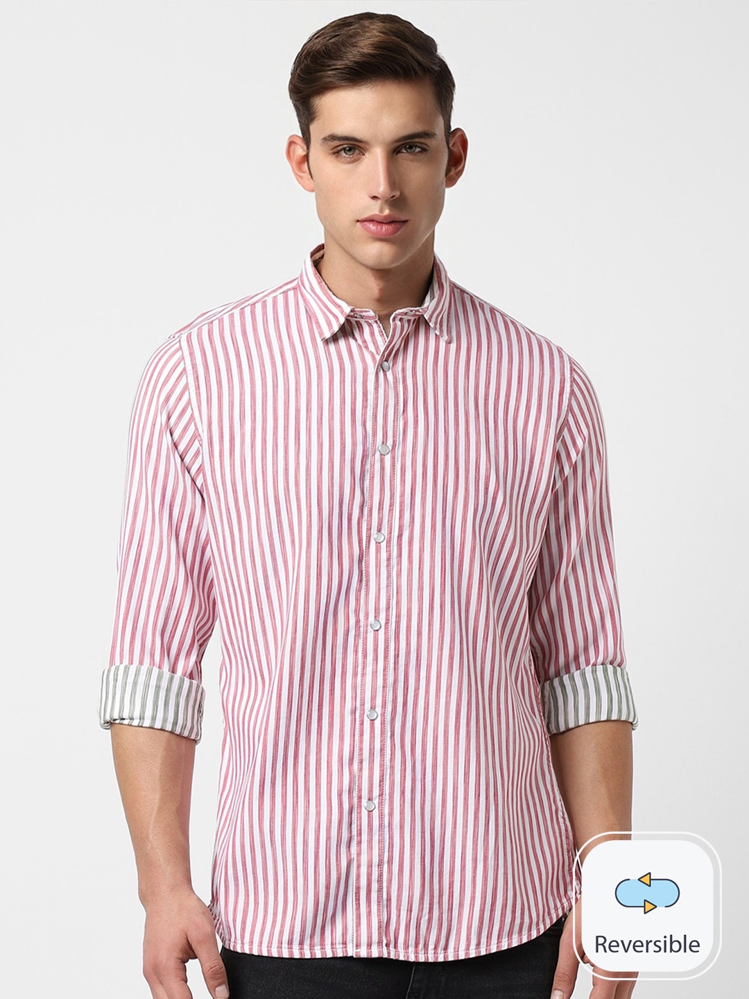 

VAN HEUSEN DENIM LABS Slim Fit Vertical Striped Spread Collar Reversible Pure Cotton Shirt, Pink