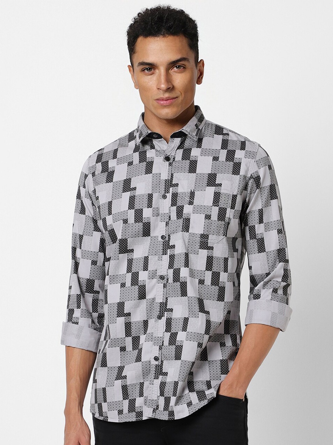 

VAN HEUSEN DENIM LABS Slim Fit Geometric Printed Pure Cotton Casual Shirt, Grey