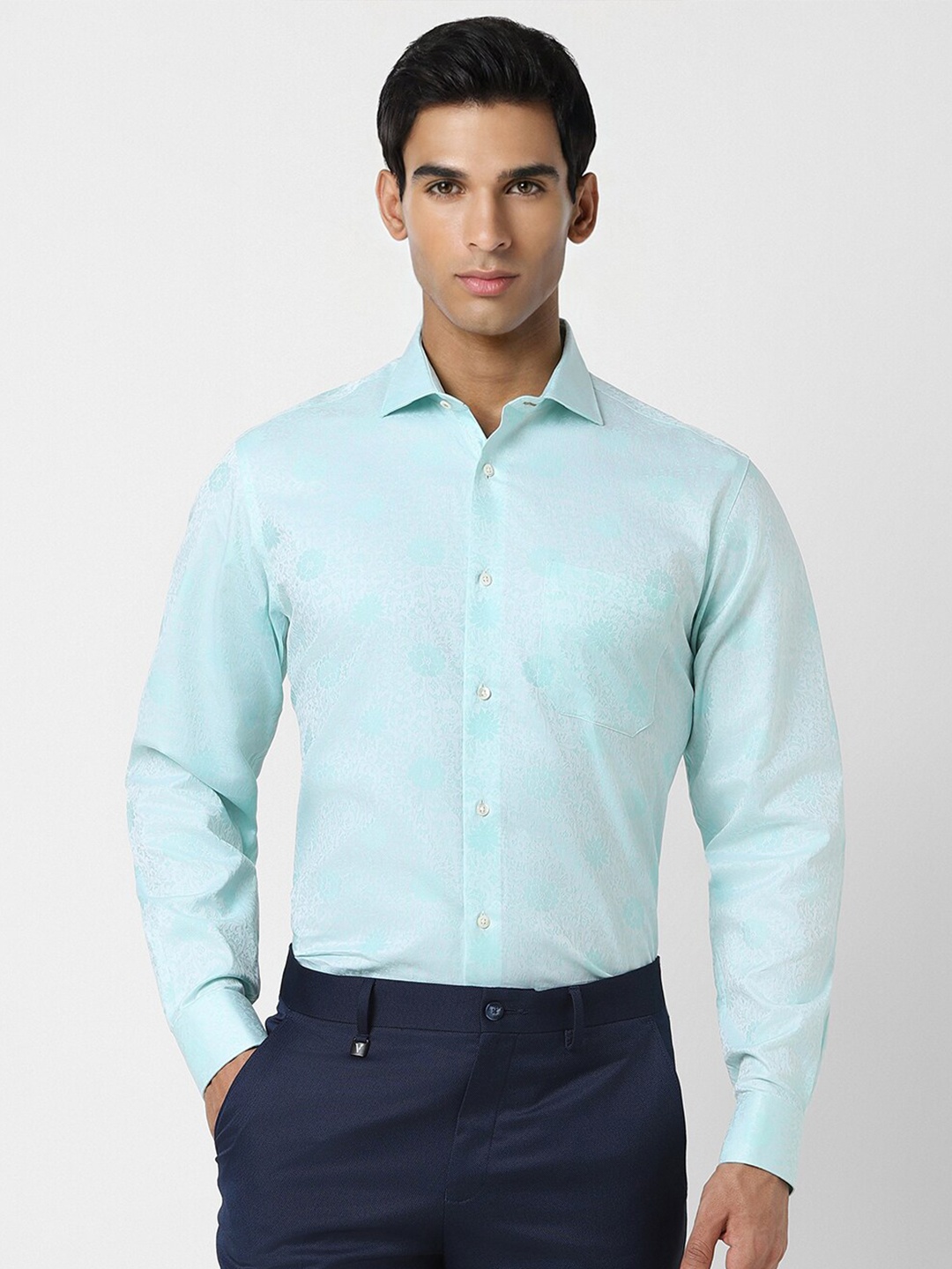 

Van Heusen Textured Self Design Spread Collar Pure Cotton Formal Shirt, Blue