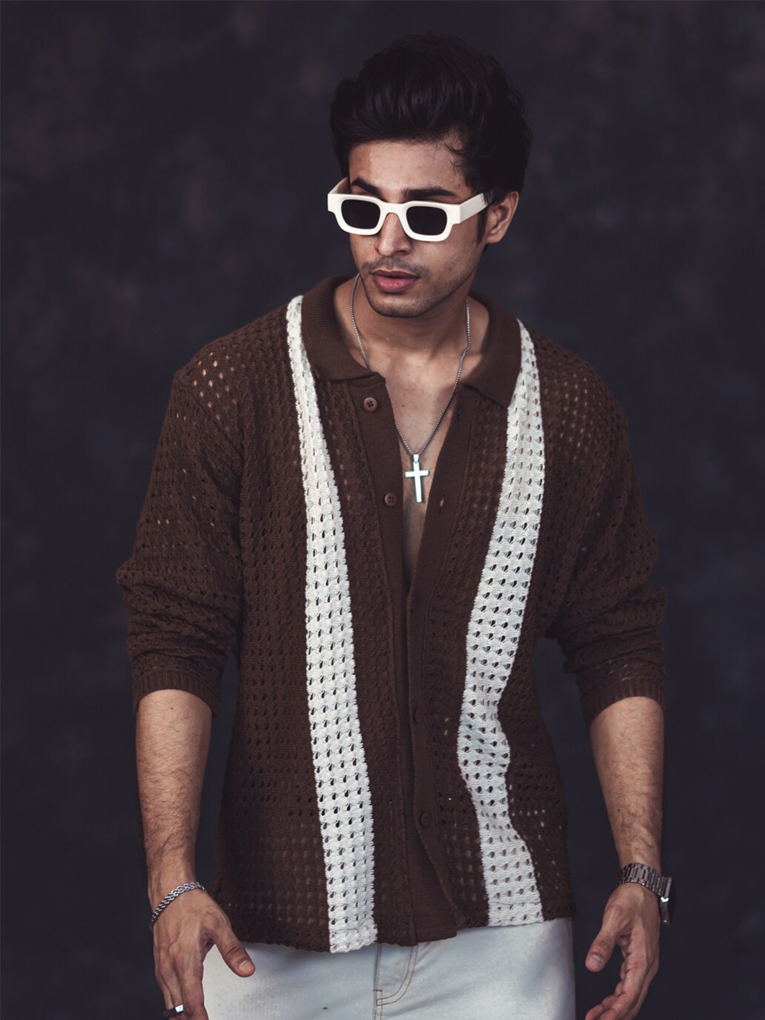 

Powerlook India Slim Oversized Self Designed Crochet Casual Shirt, Brown
