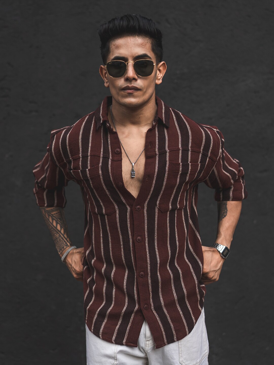 Powerlook Brown India Slim Striped Oversized Casual Shirt