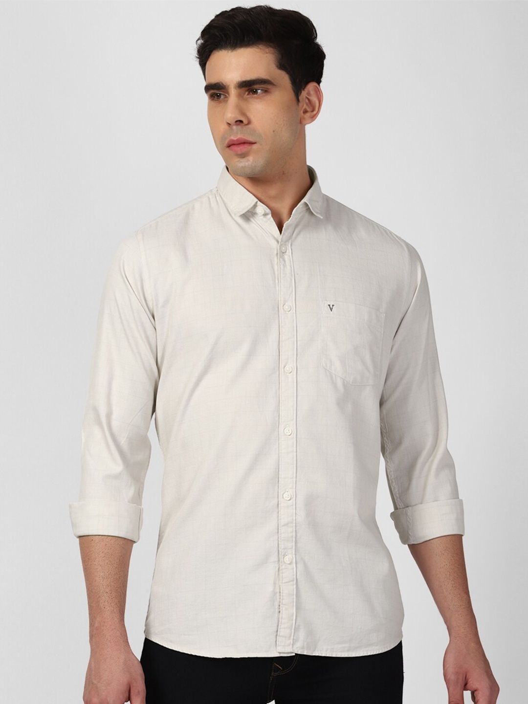 

Van Heusen Sport Spread Collar Slim Fit Casual Checked Pure Cotton Shirt, Cream