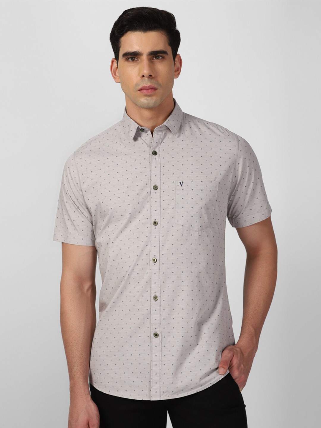 

Van Heusen Sport Slim Fit Micro Ditsy Printed Spread Collar Pure Cotton Casual Shirt, Beige