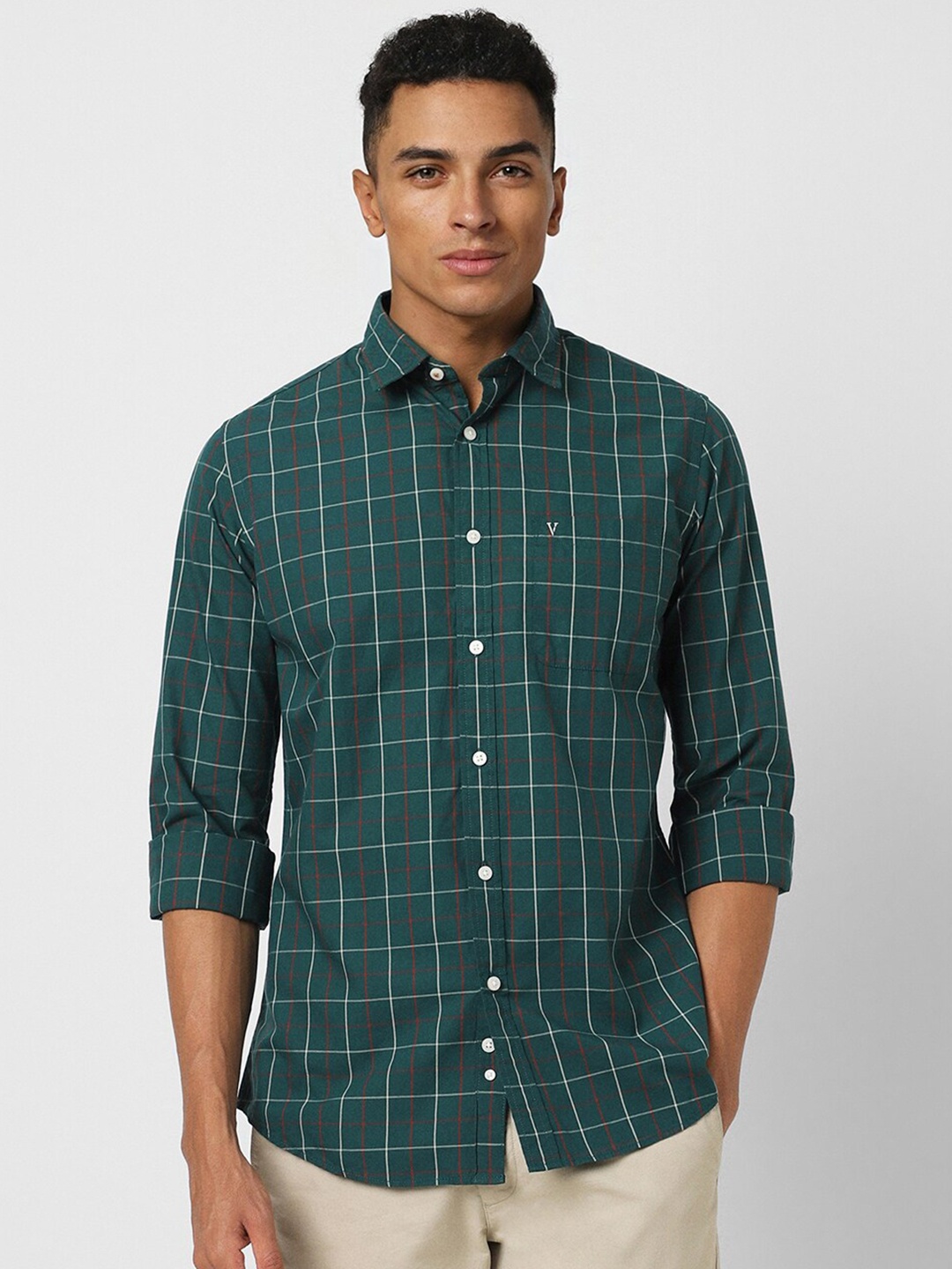 

Van Heusen Sport Slim Fit Windowpane Checks Pure Cotton Casual Shirt, Green