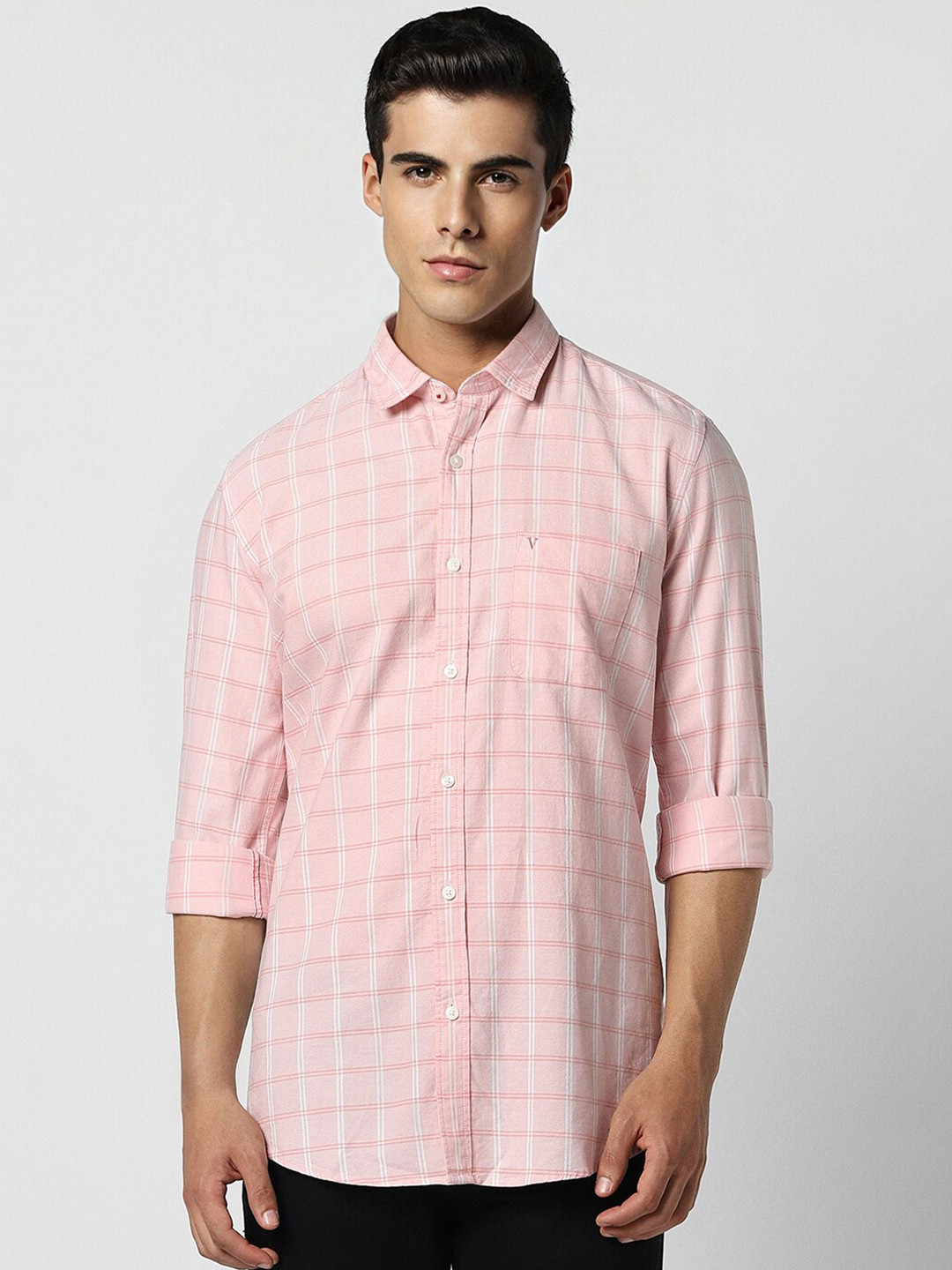 

Van Heusen Sport Slim Fit Windowpane Checked Spread Collar Pure Cotton Casual Shirt, Pink