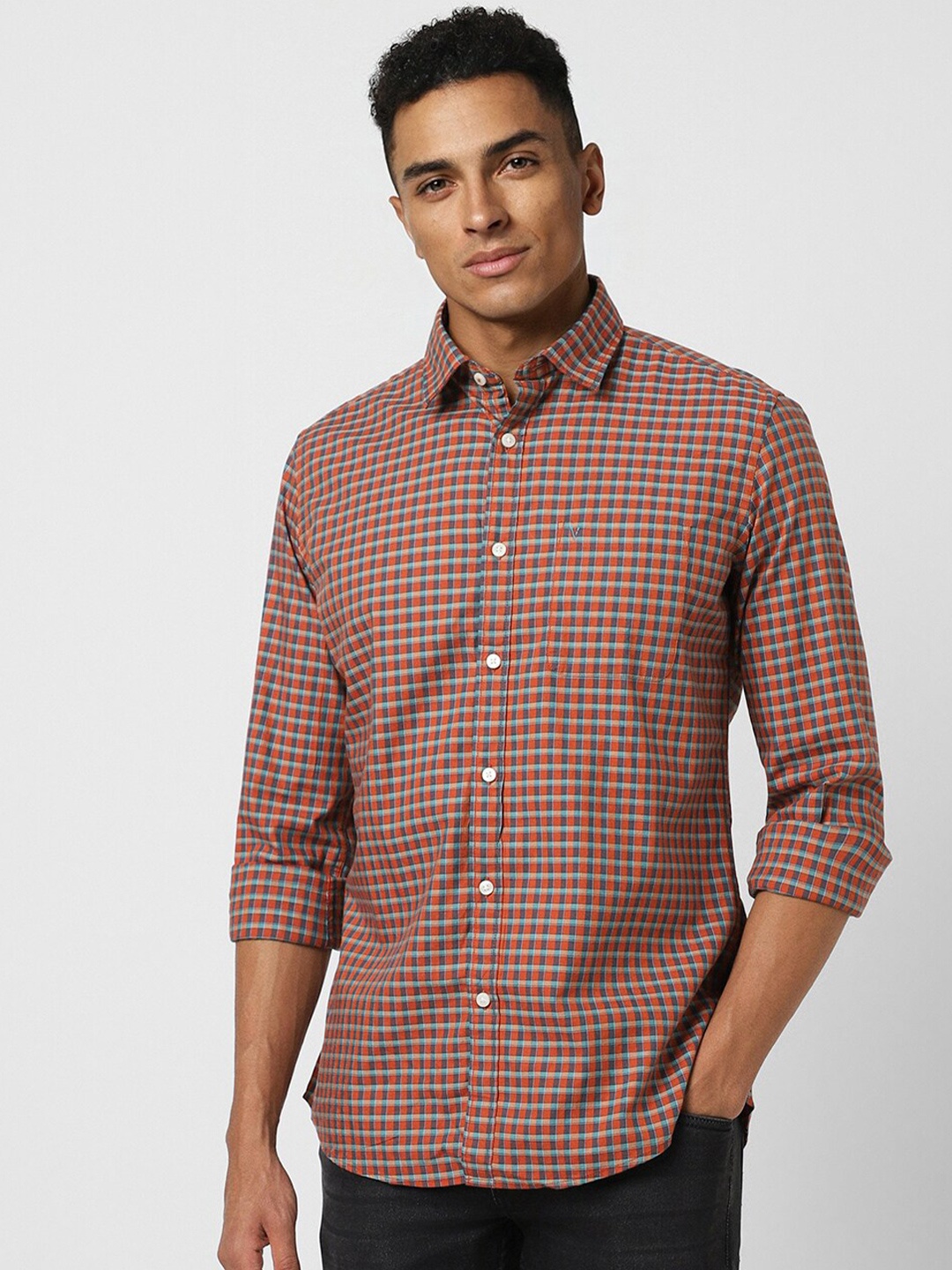 

Van Heusen Sport Slim Fit Gingham Checked Spread Collar Casual Shirt, Orange